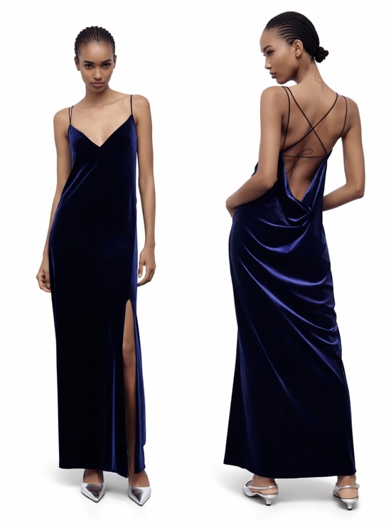 Zara Dresses & Skirts - Zara Navy Blue Velvet Maxi Slip Dress w Criss Cross Tie Open Cowl Back - SM EUC